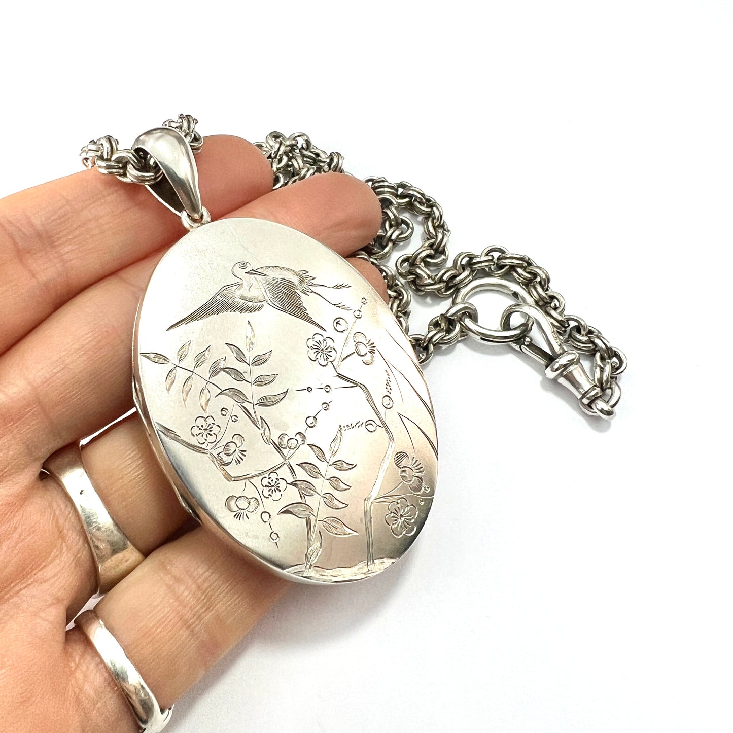 Huge Antique Silver Crane and Blossom Locket Book Chain Necklace