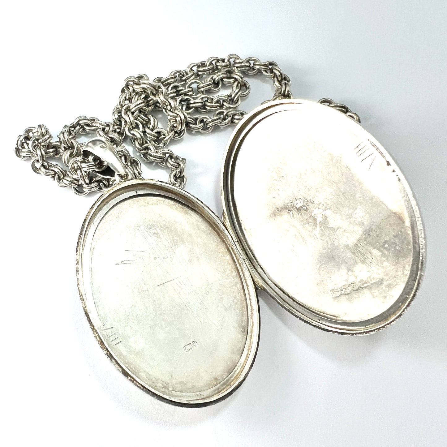 Huge Antique Silver Crane and Blossom Locket Book Chain Necklace