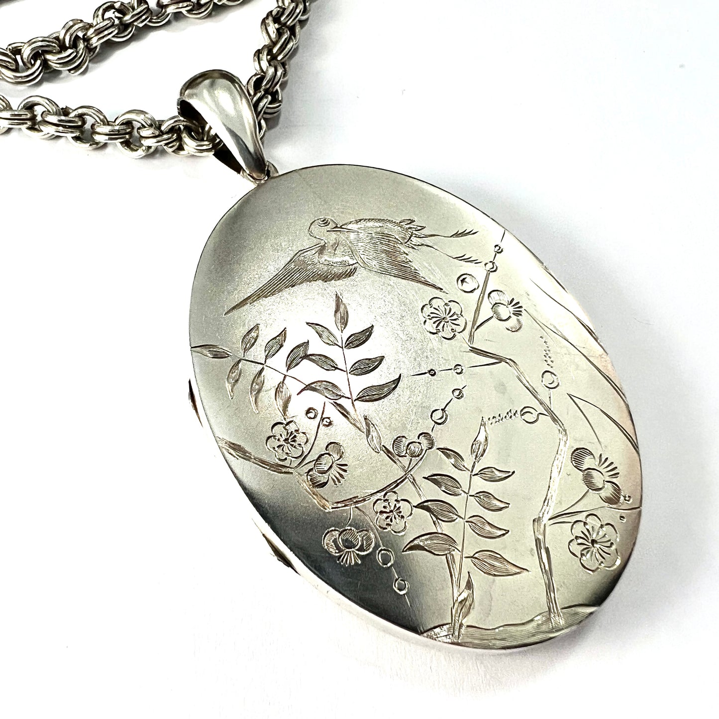 Huge Antique Silver Crane and Blossom Locket Book Chain Necklace