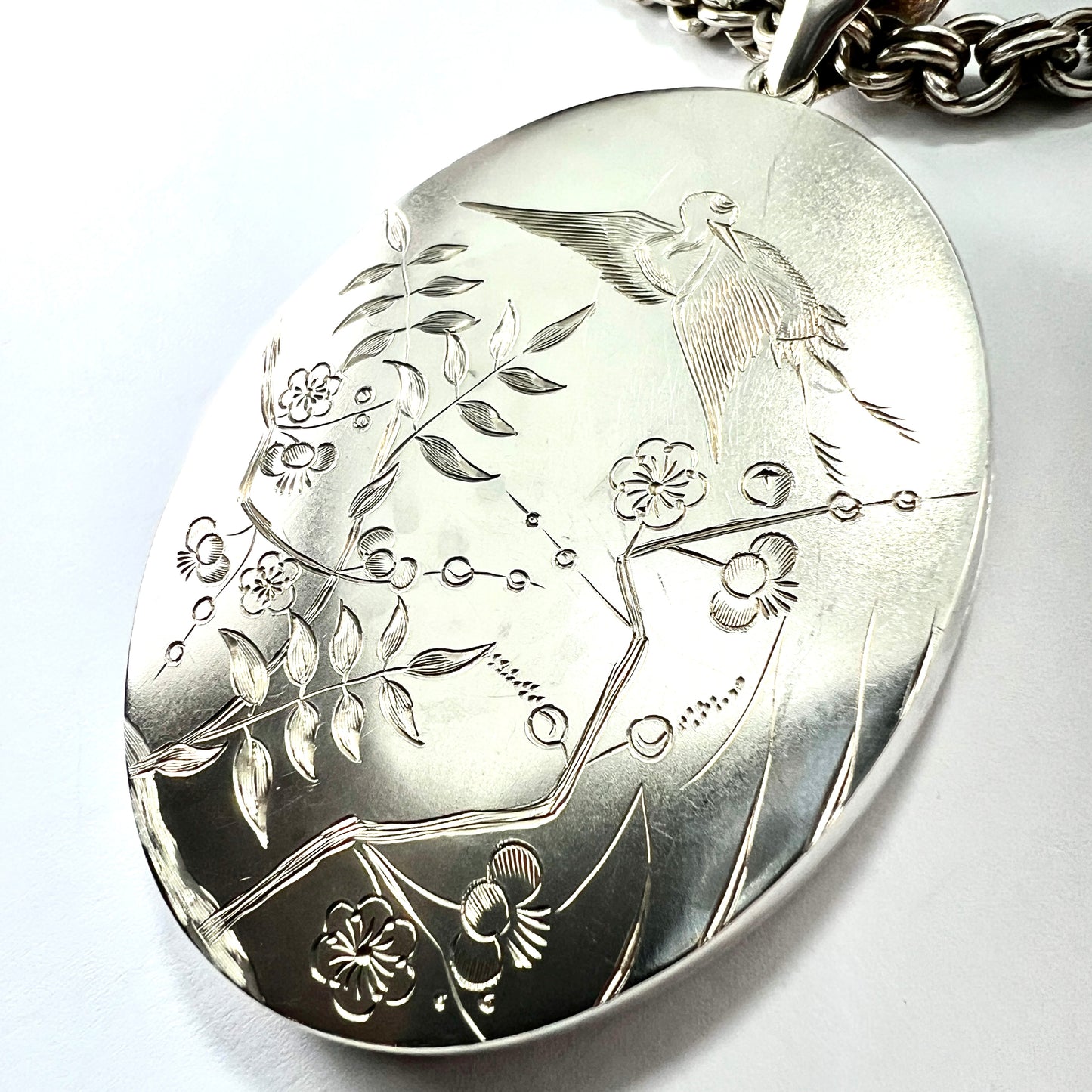 Huge Antique Silver Crane and Blossom Locket Book Chain Necklace