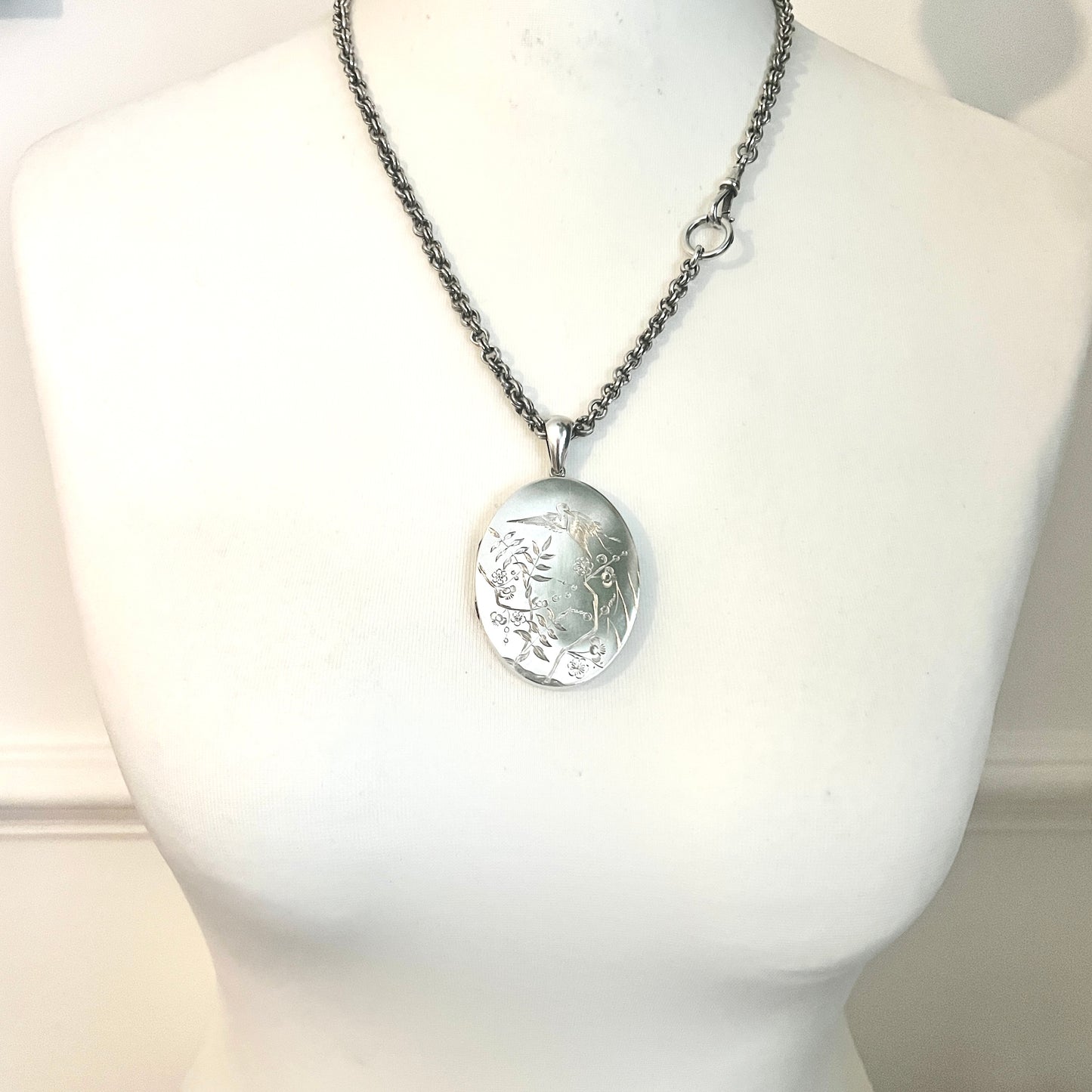 Huge Antique Silver Crane and Blossom Locket Book Chain Necklace