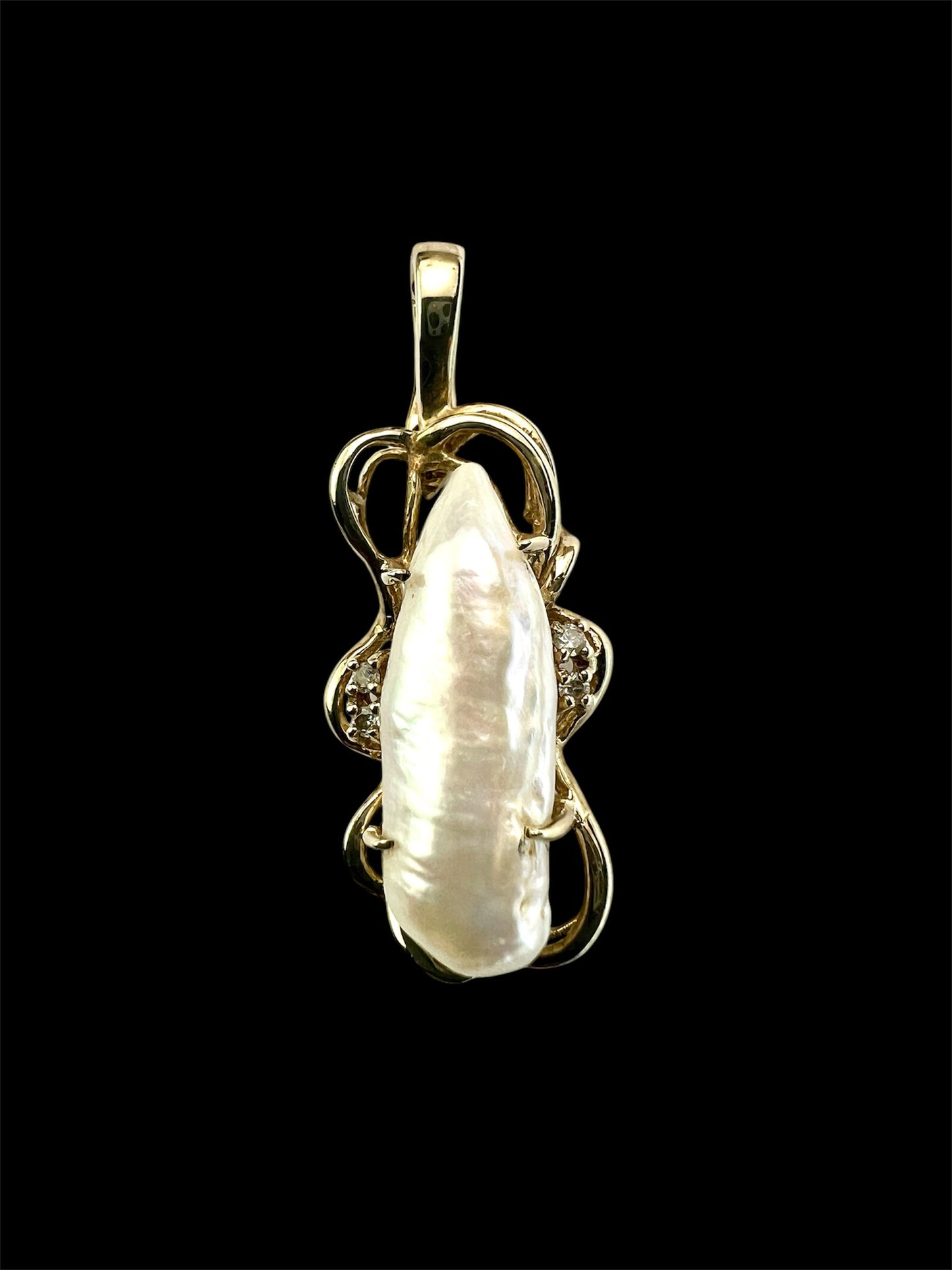 Art Nouveau Style Baroque Pearl and Diamond Gold Pendant