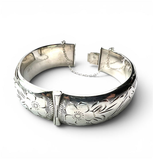 Vintage Sterling Silver Floral Hinged Bangle