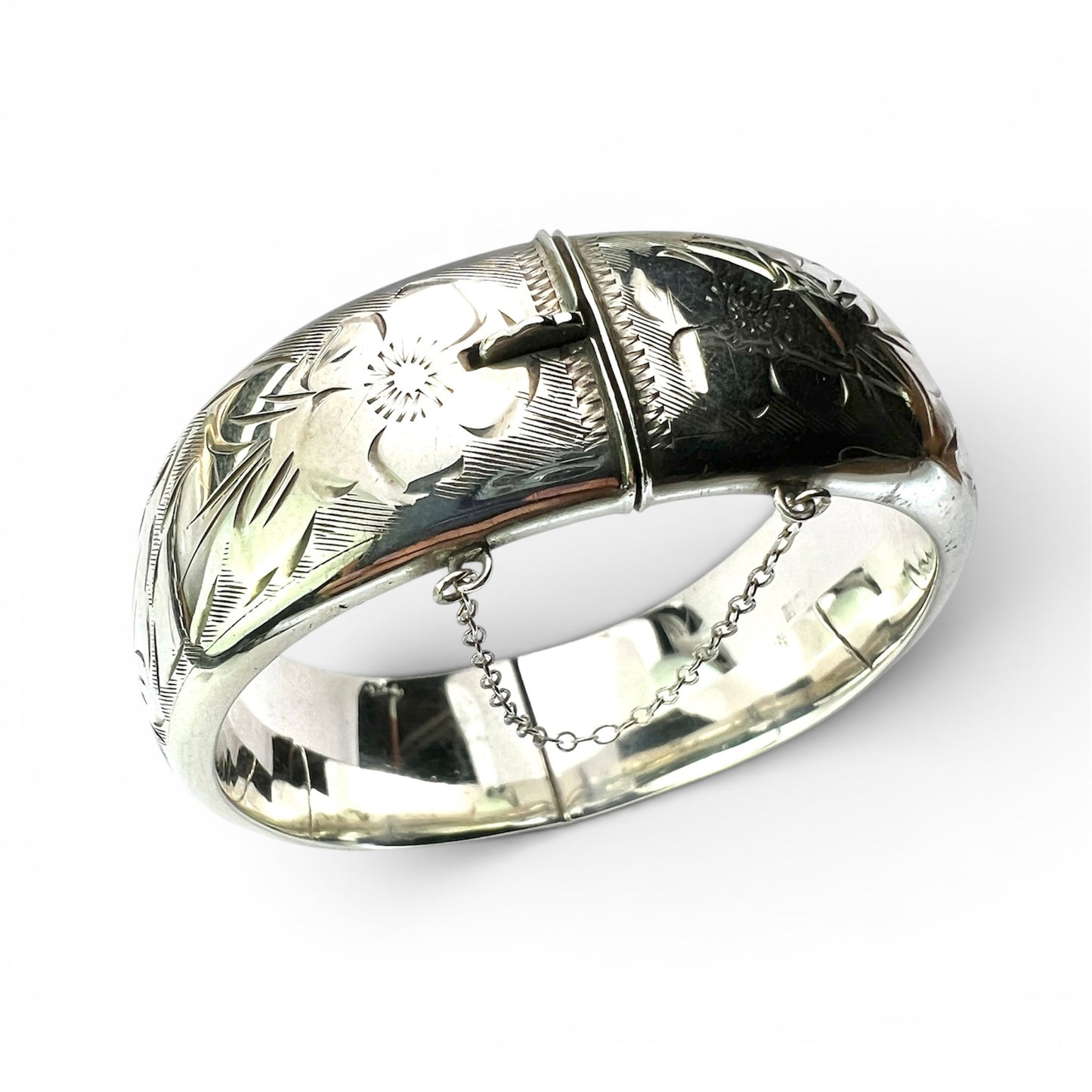 Vintage Sterling Silver Floral Hinged Bangle