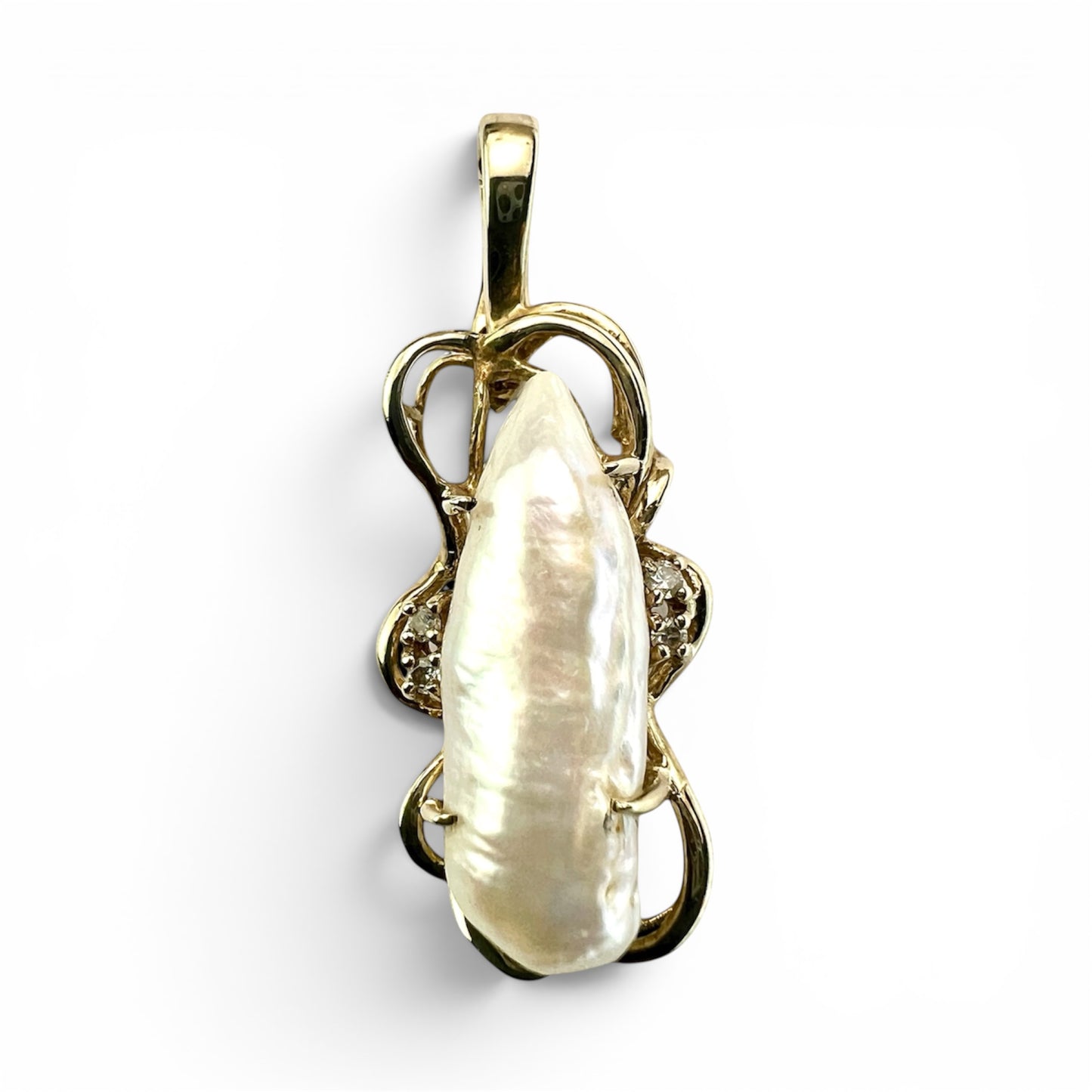Art Nouveau Style Baroque Pearl and Diamond Gold Pendant