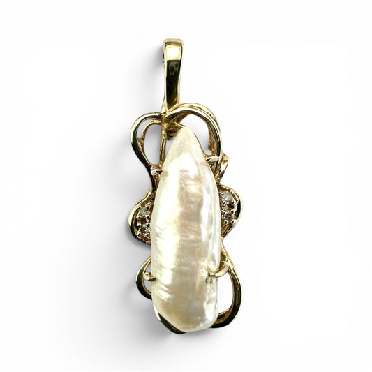 Art Nouveau Style Baroque Pearl and Diamond Gold Pendant