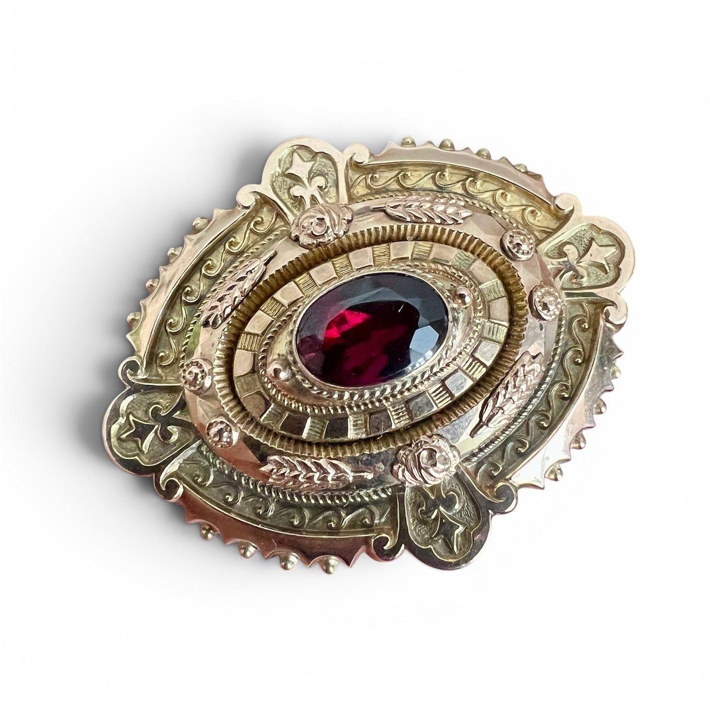 Large Victorian Gold Garnet Etruscan Revival Locket Brooch