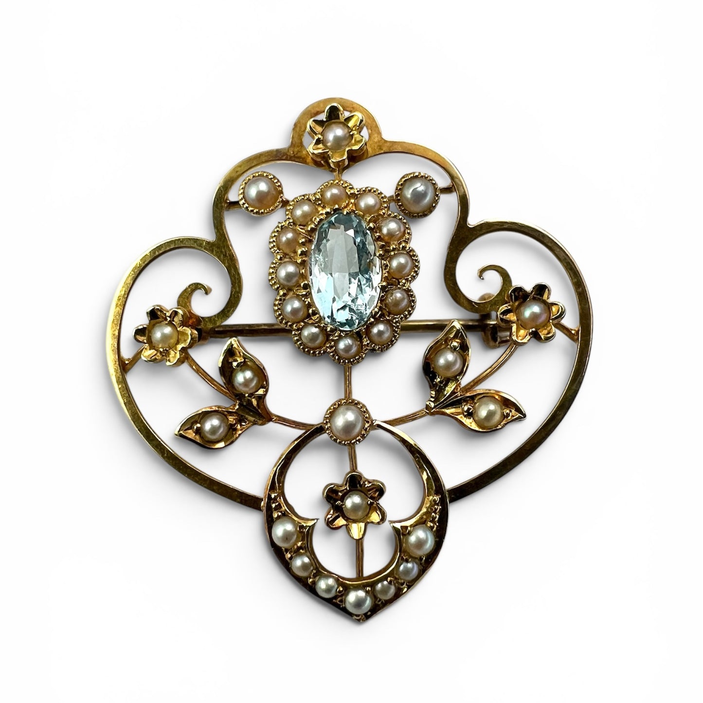 Edwardian 15CT Gold Aquamarine Pearl Brooch