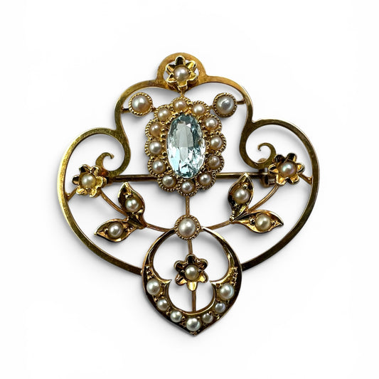 Edwardian 15CT Gold Aquamarine Pearl Brooch