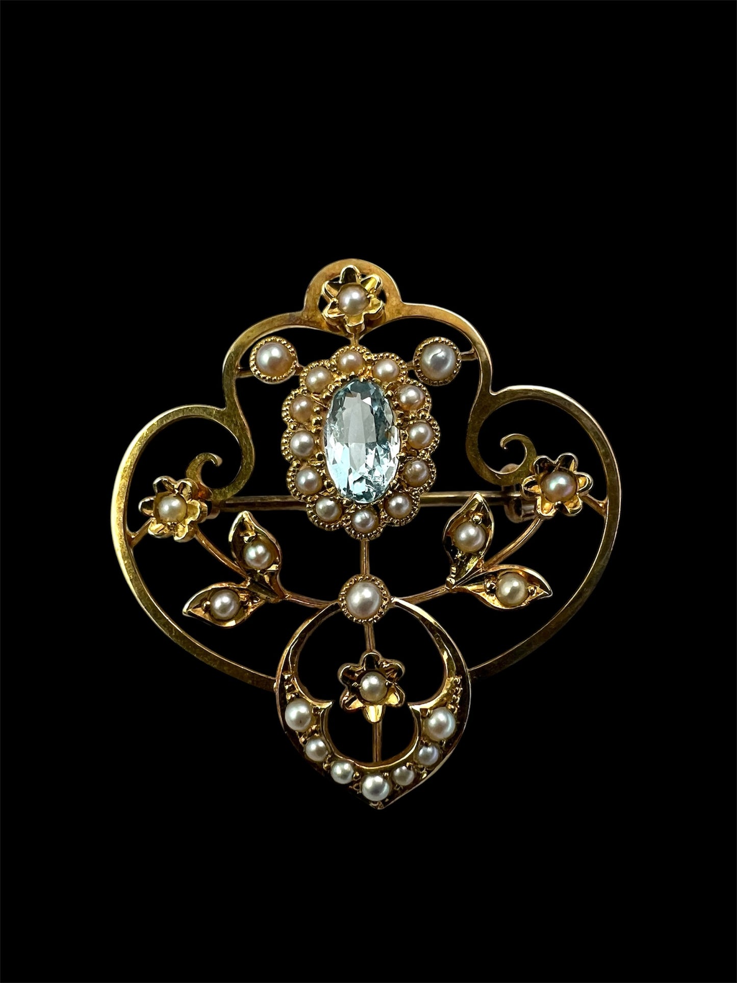 Edwardian 15CT Gold Aquamarine Pearl Brooch
