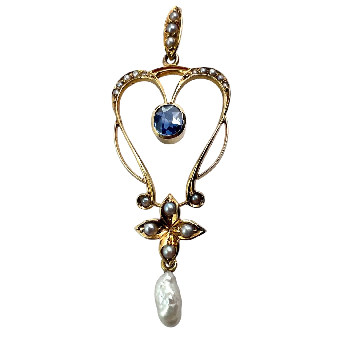 Art Nouveau 15CT Gold Sapphire Pearl Lavalier Pendant