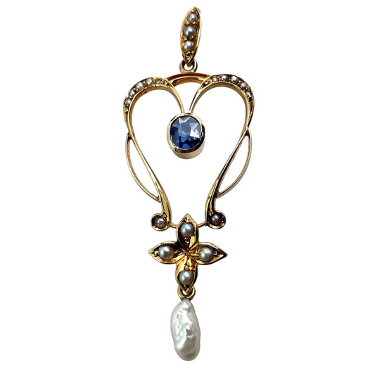 Art Nouveau 15CT Gold Sapphire Pearl Lavalier Pendant