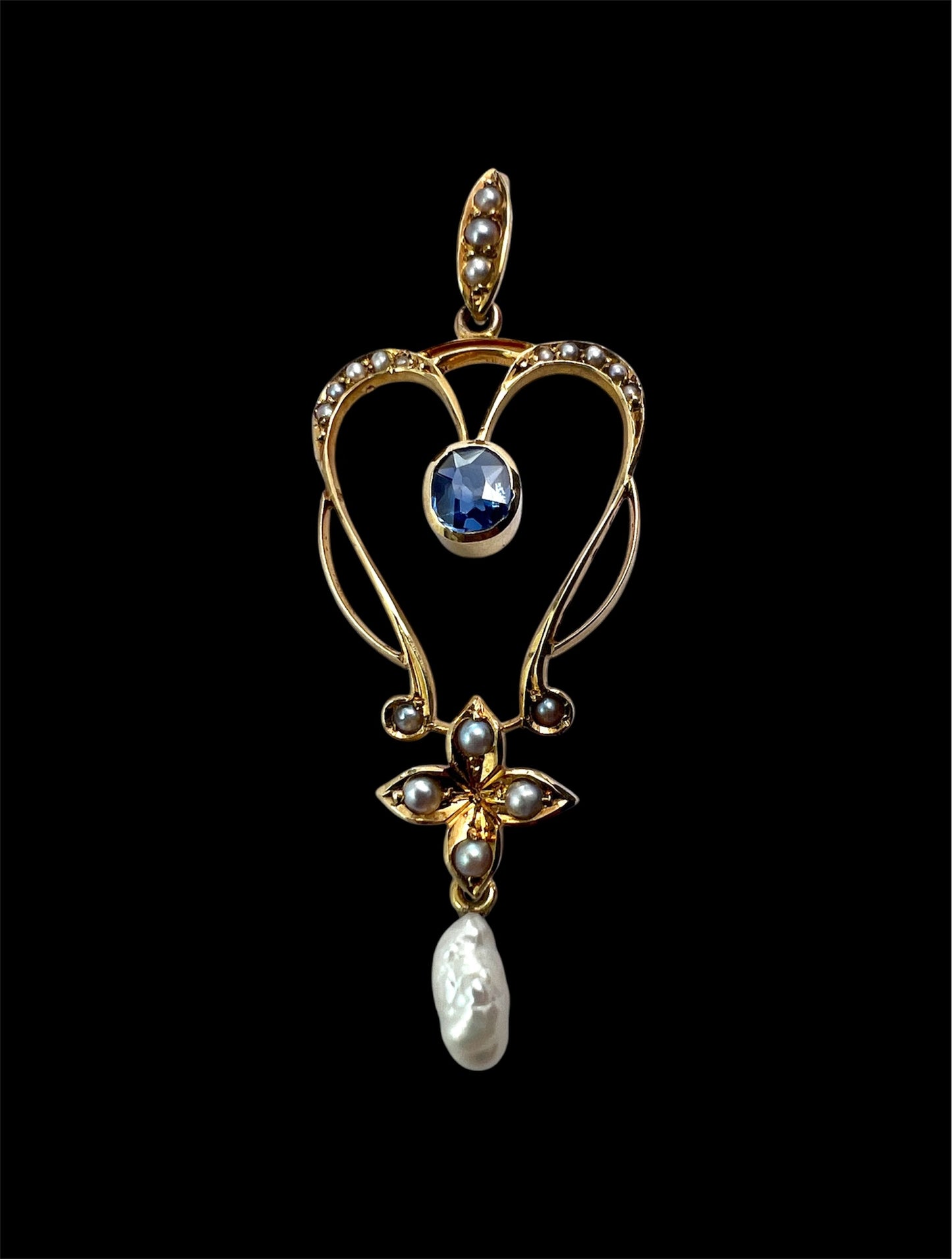 Art Nouveau 15CT Gold Sapphire Pearl Lavalier Pendant