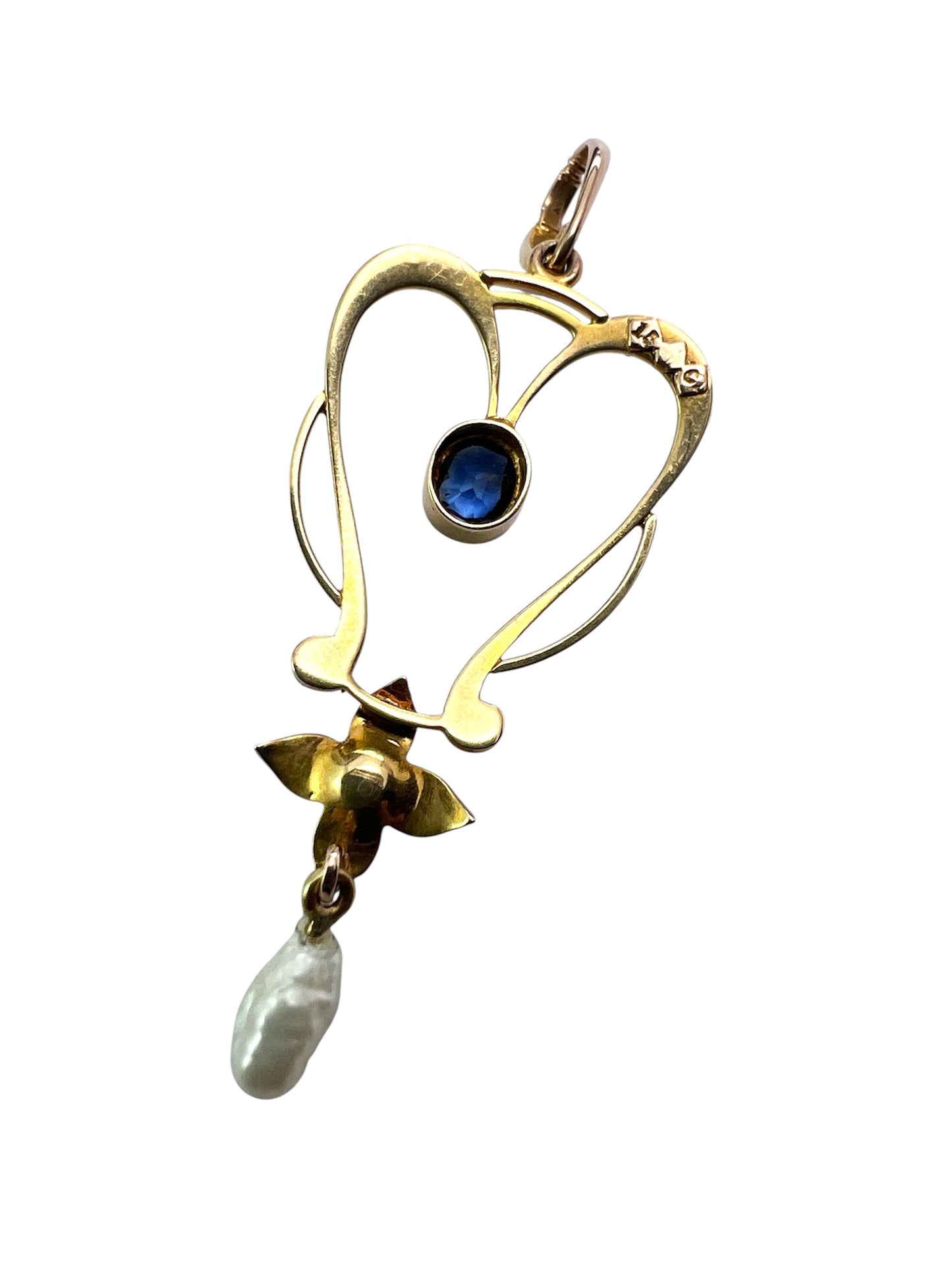 Art Nouveau 15CT Gold Sapphire Pearl Lavalier Pendant