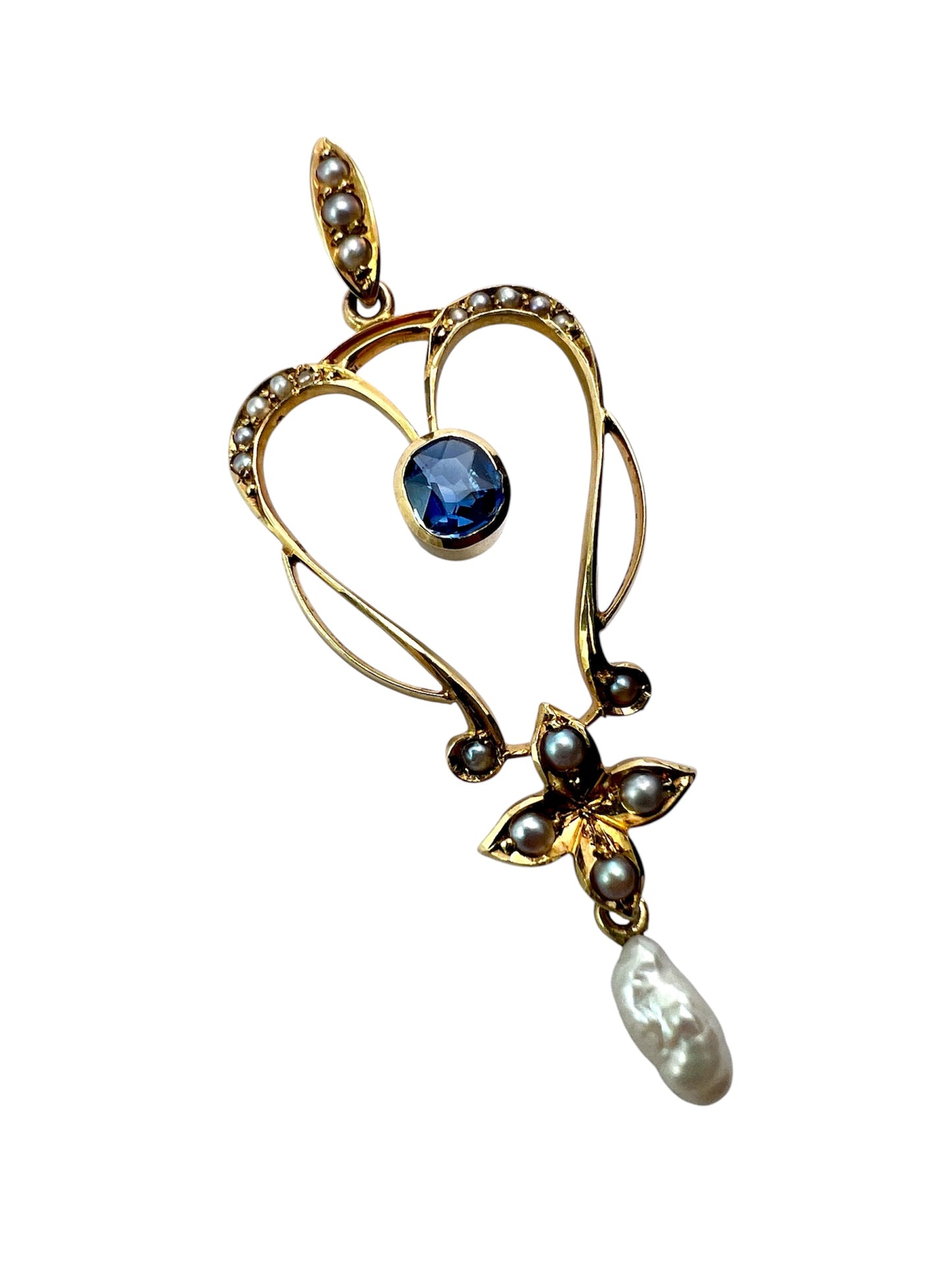 Art Nouveau 15CT Gold Sapphire Pearl Lavalier Pendant