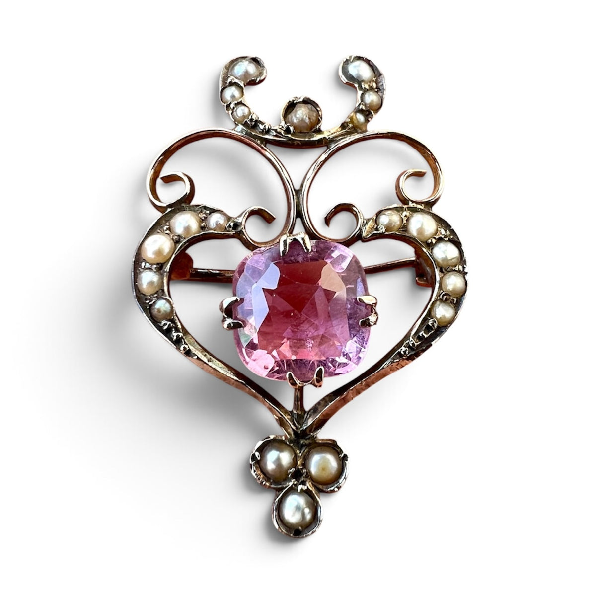 Edwardian Tourmaline Gold Pearl Brooch