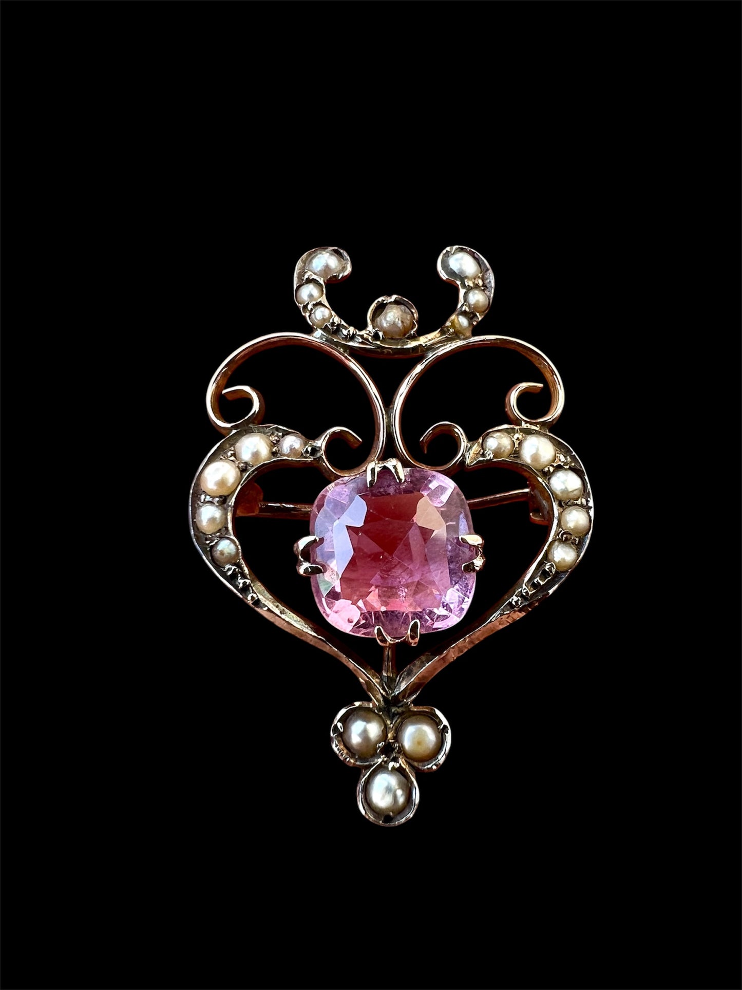 Edwardian Tourmaline Gold Pearl Brooch