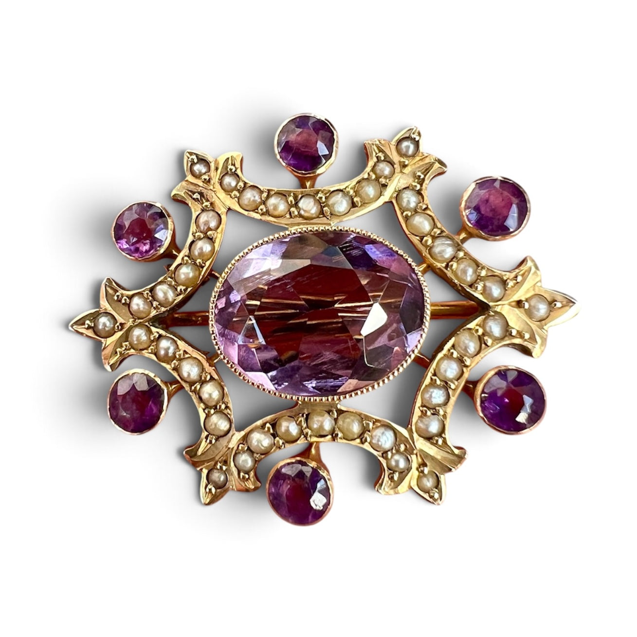 Edwardian 9CT Gold Amethyst Seed Pearl Brooch
