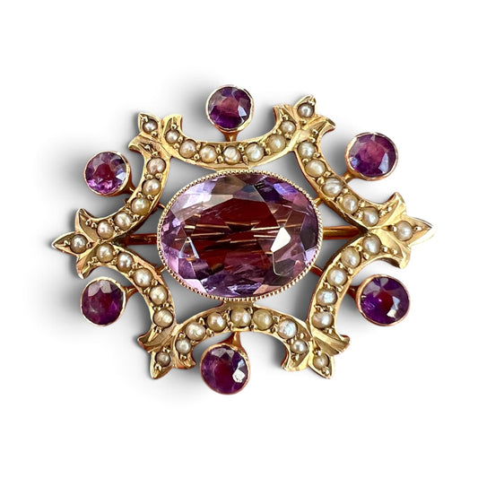 Edwardian 9CT Gold Amethyst Seed Pearl Brooch