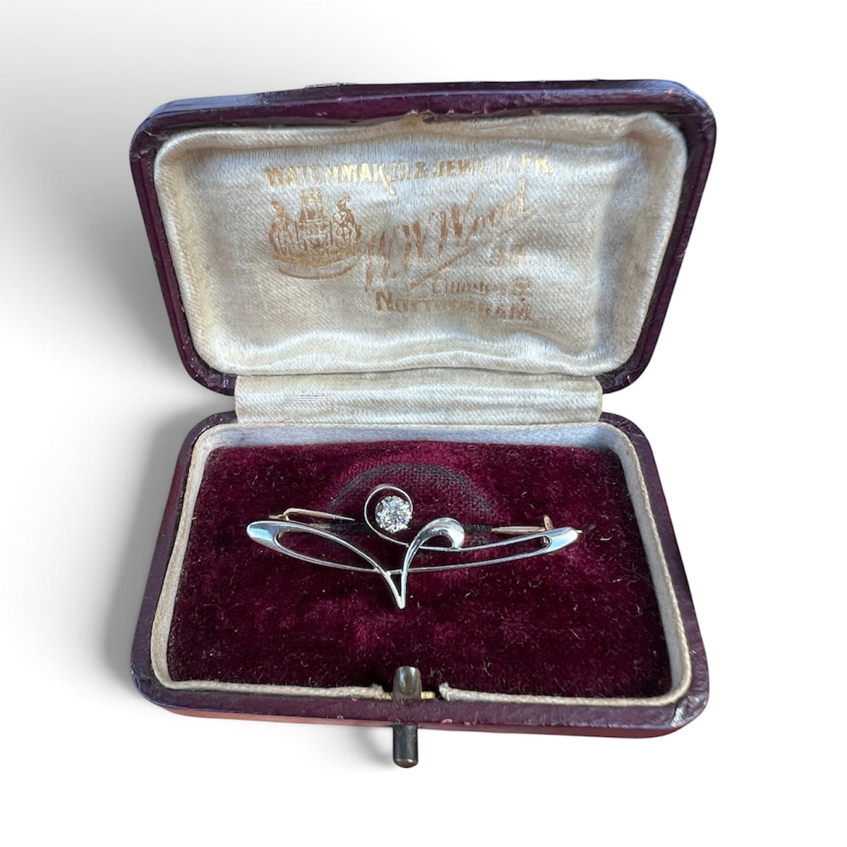 Boxed Art Nouveau 15CT Gold and Platinum Diamond Brooch