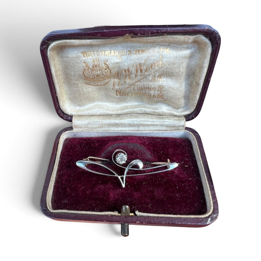 Boxed Art Nouveau 15CT Gold and Platinum Diamond Brooch