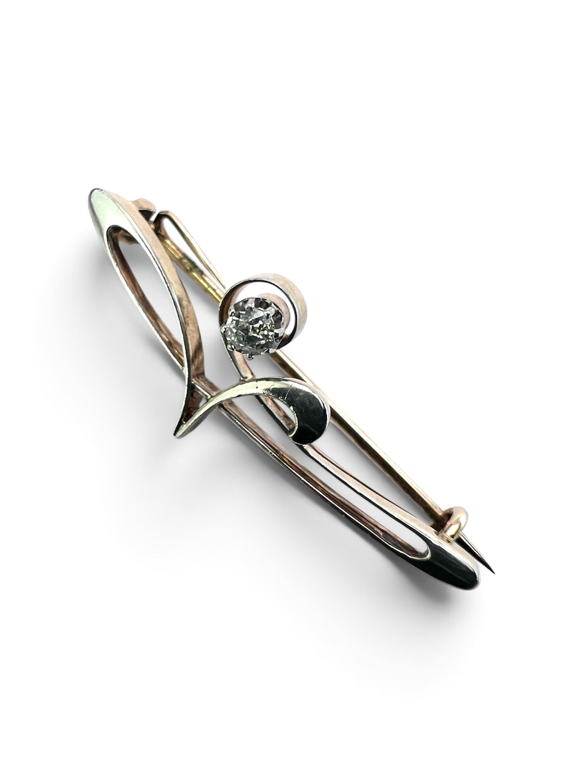 Boxed Art Nouveau 15CT Gold and Platinum Diamond Brooch