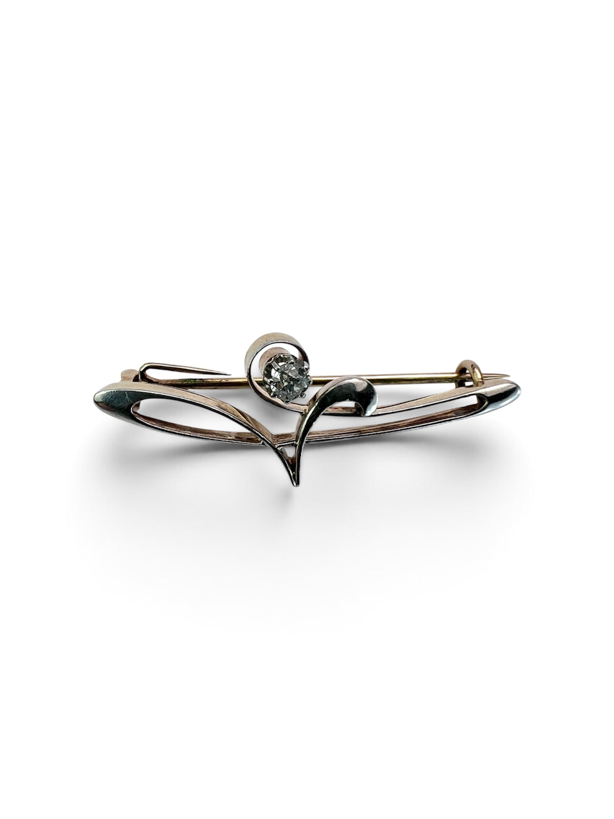 Boxed Art Nouveau 15CT Gold and Platinum Diamond Brooch
