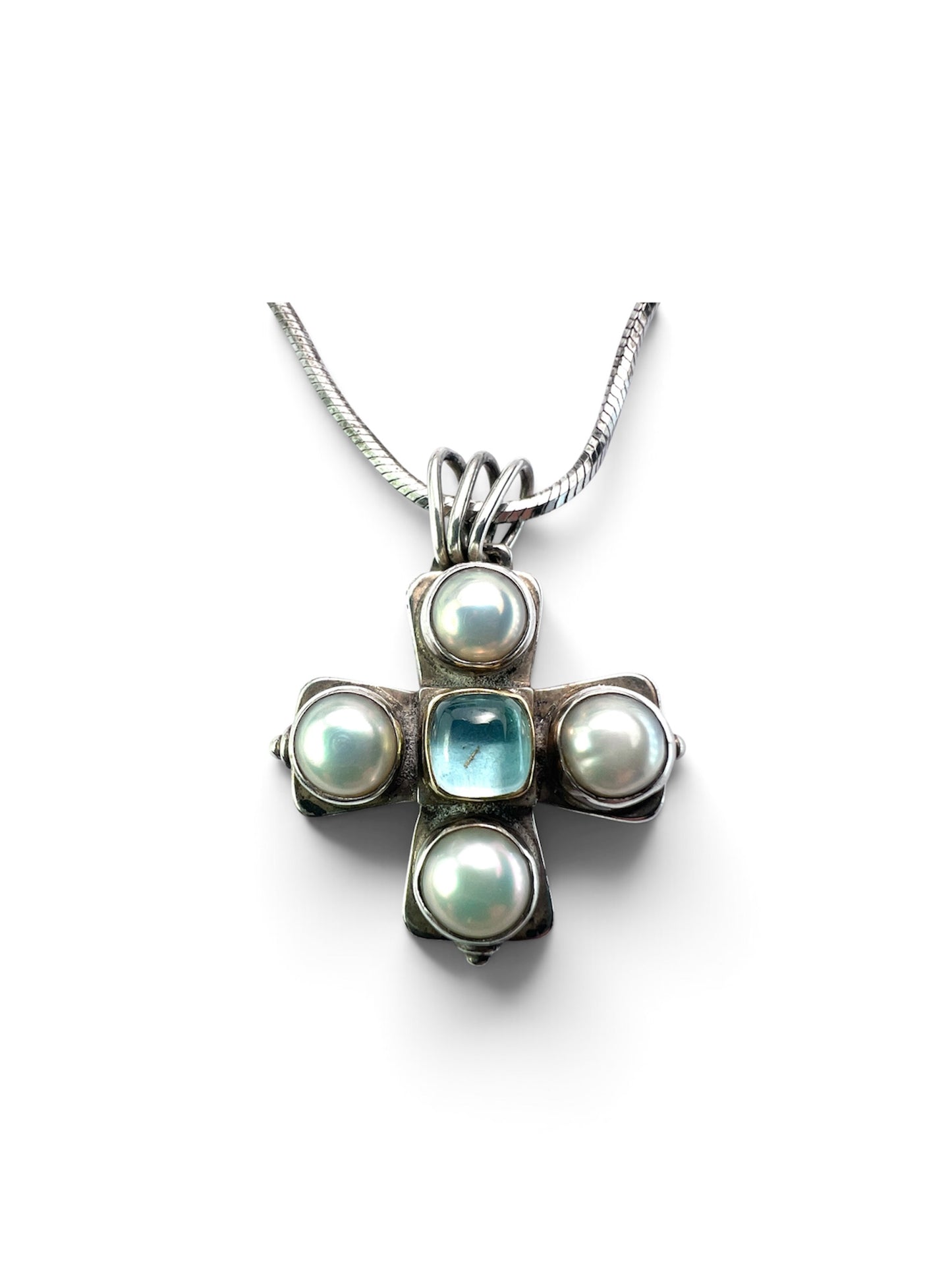 Vintage Silver and Gold Square Gemstone Cross Necklace