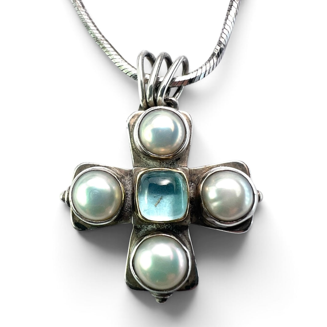 Vintage Silver and Gold Square Gemstone Cross Necklace