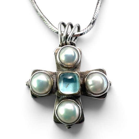 Vintage Silver and Gold Square Gemstone Cross Necklace