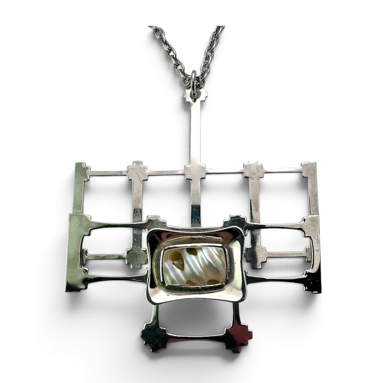 Large Retro Mother of Pearl Modernist Pendant Necklace