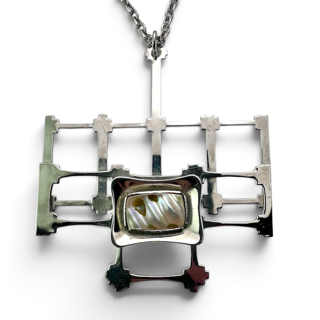 Large Retro Mother of Pearl Modernist Pendant Necklace