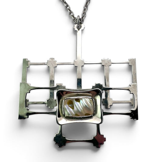 Large Retro Mother of Pearl Modernist Pendant Necklace