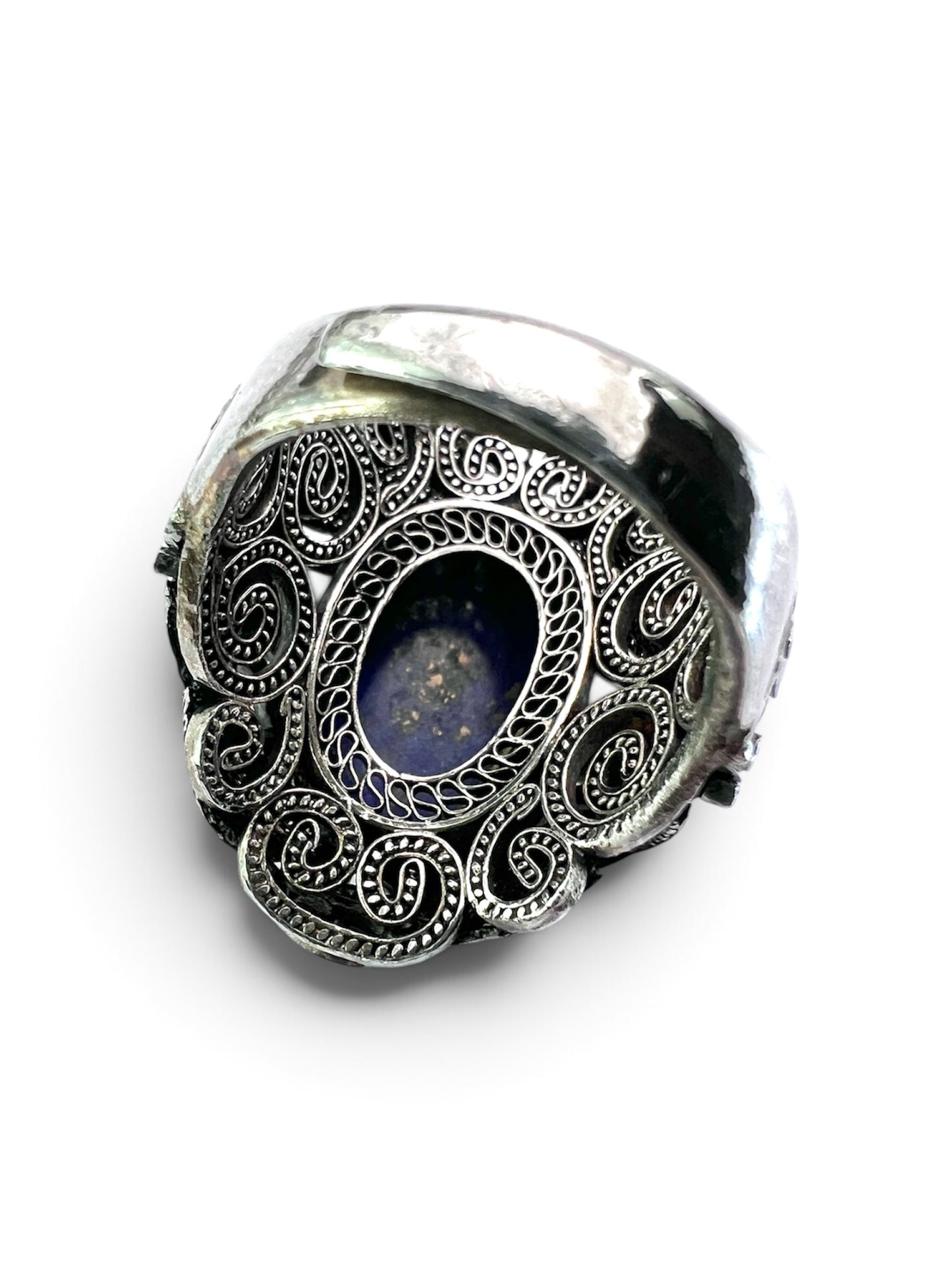 Vintage Chinese Export Lapis Lazuli Silver Filigree Cocktail Ring