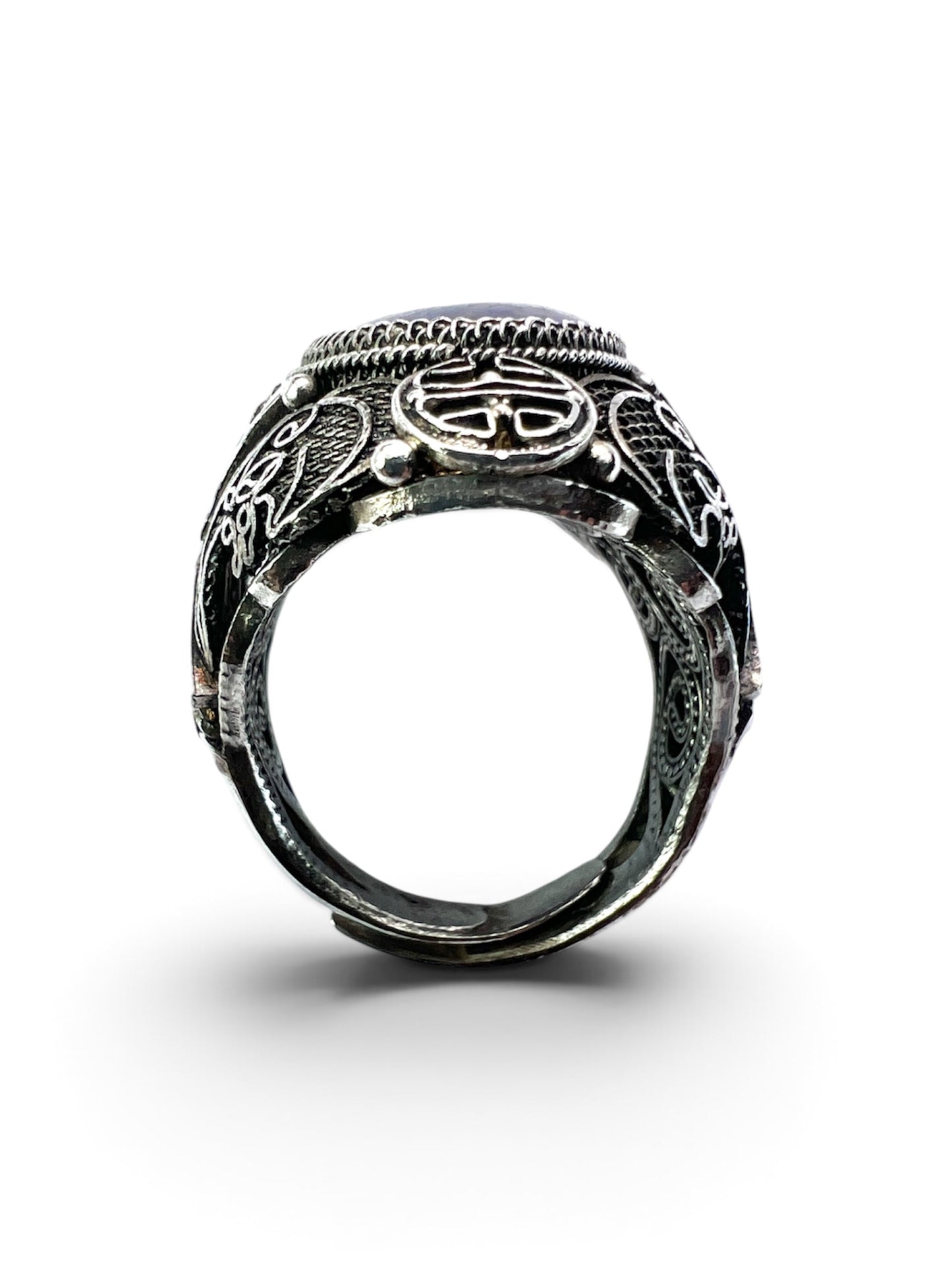 Vintage Chinese Export Lapis Lazuli Silver Filigree Cocktail Ring