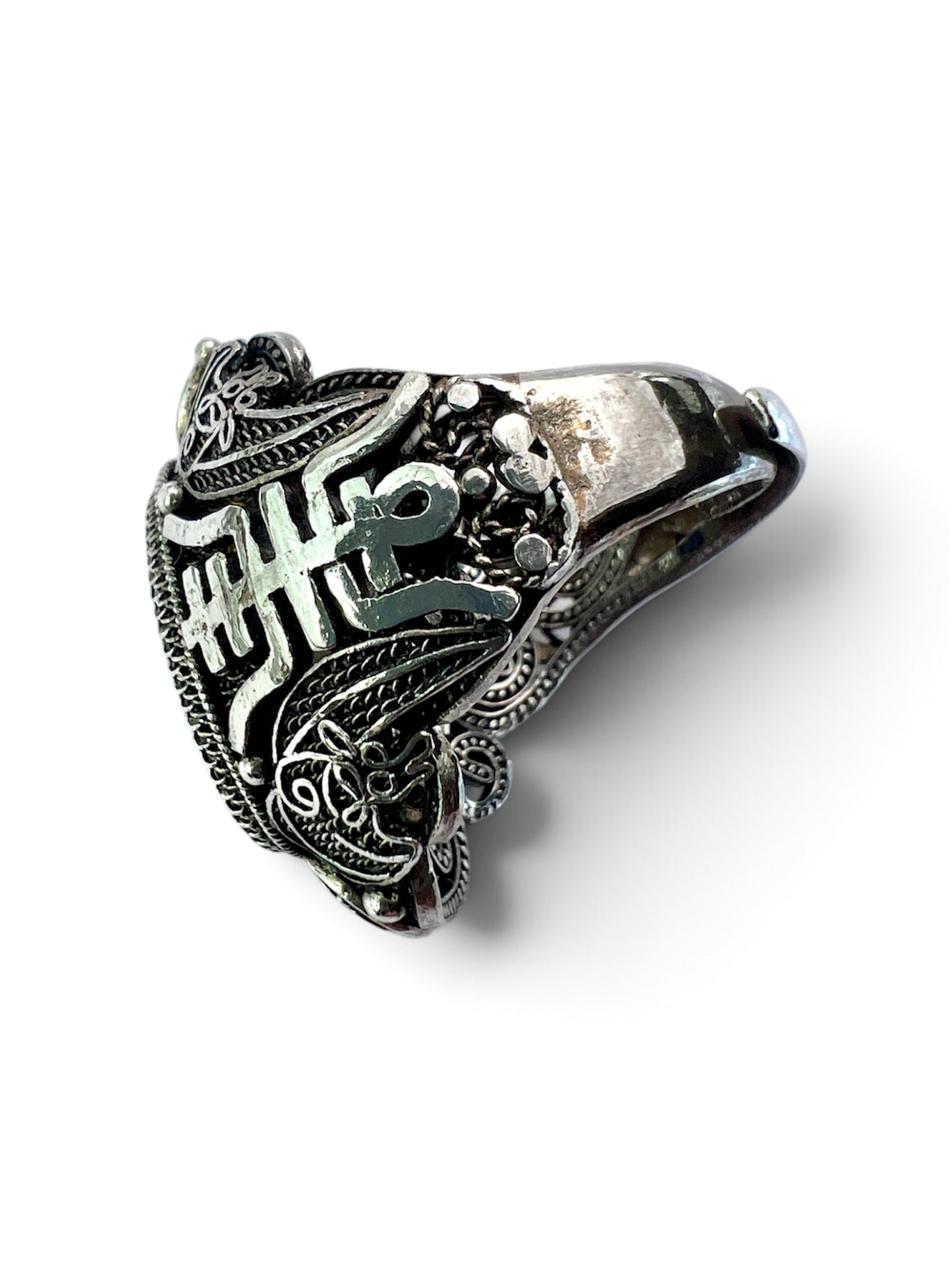 Vintage Chinese Export Lapis Lazuli Silver Filigree Cocktail Ring