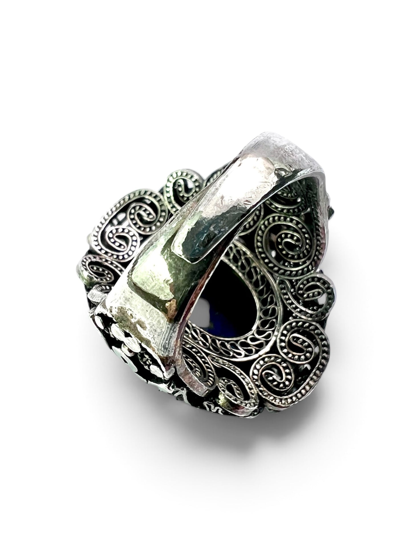 Vintage Chinese Export Lapis Lazuli Silver Filigree Cocktail Ring