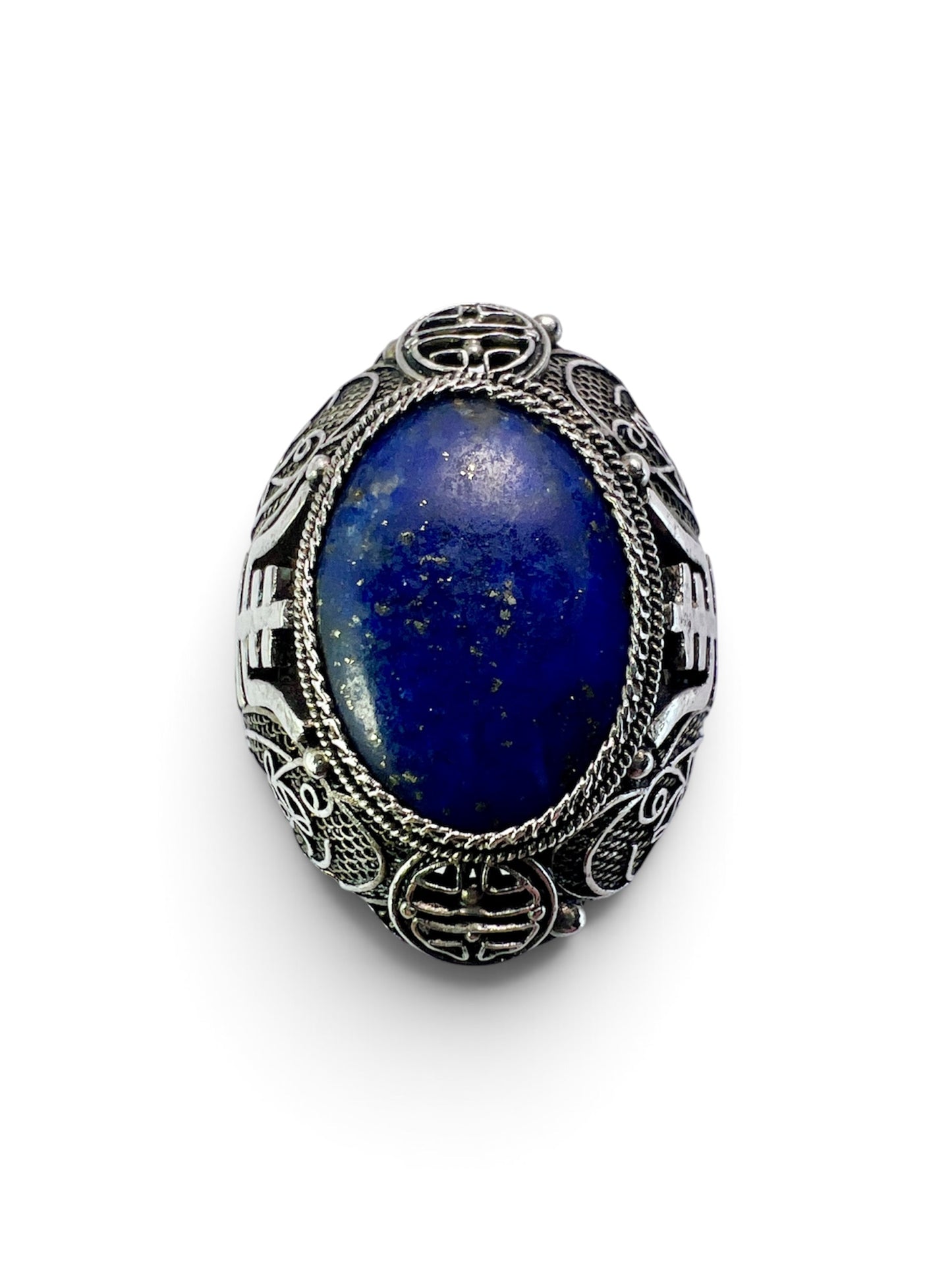 Vintage Chinese Export Lapis Lazuli Silver Filigree Cocktail Ring