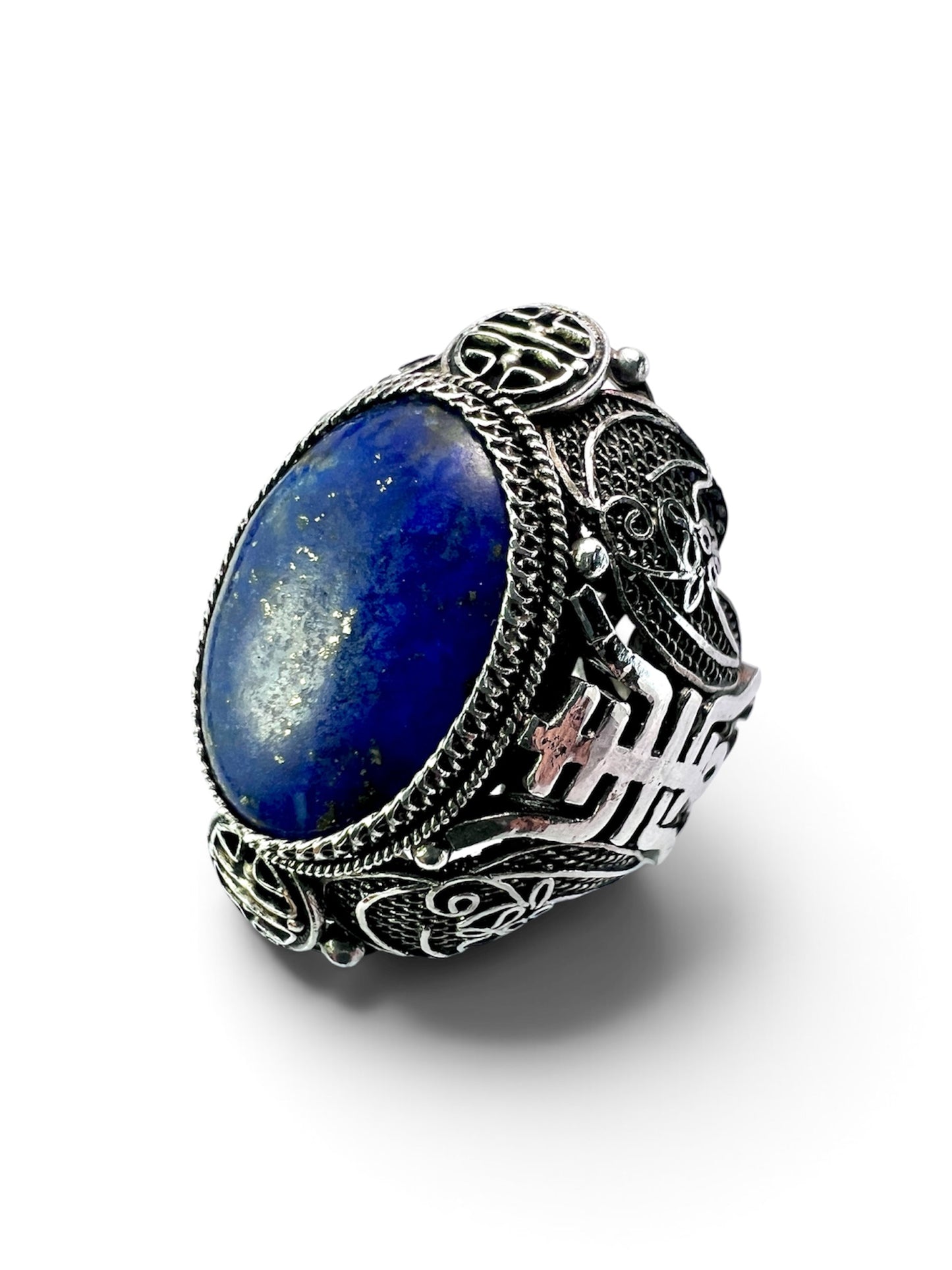 Vintage Chinese Export Lapis Lazuli Silver Filigree Cocktail Ring