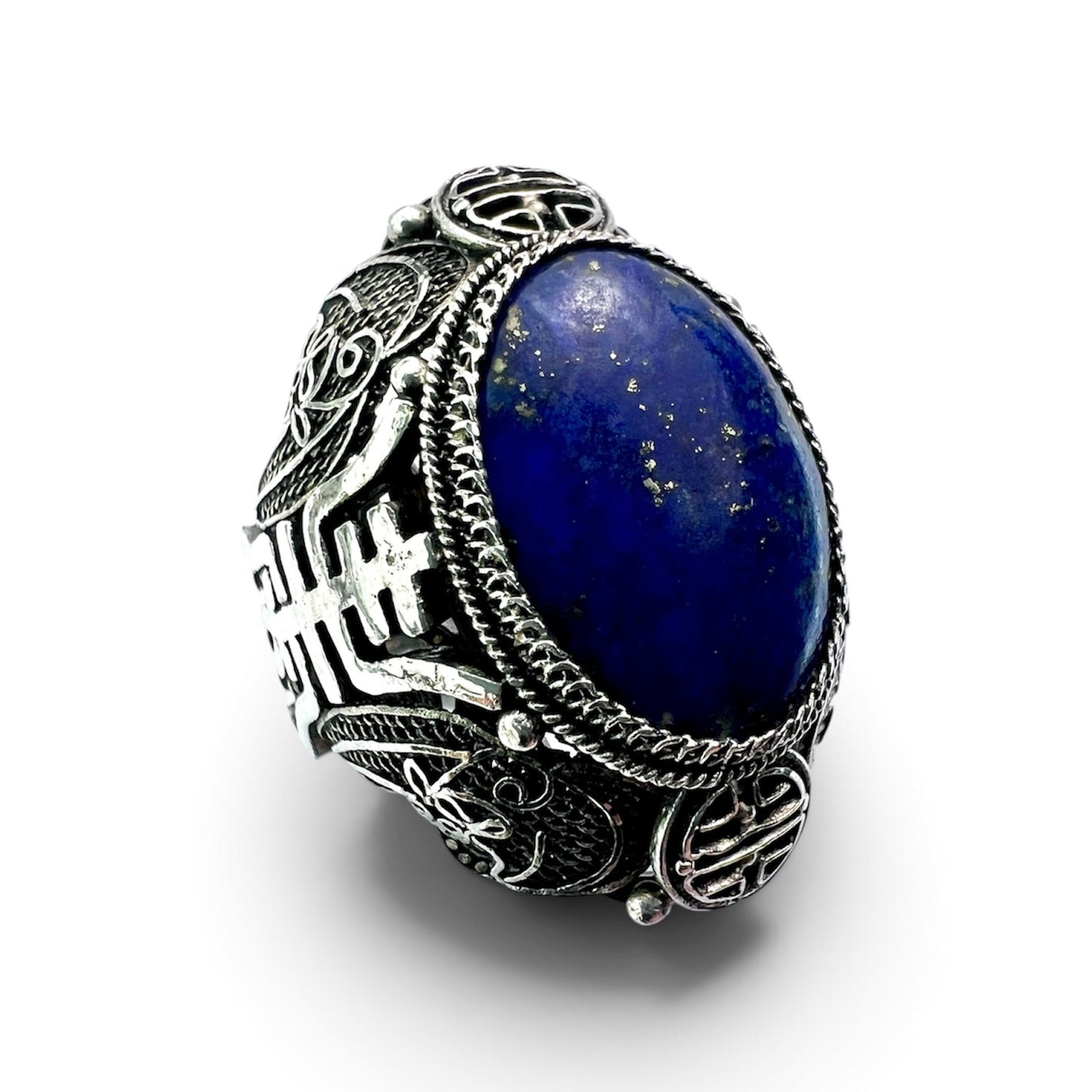 Vintage Chinese Export Lapis Lazuli Silver Filigree Cocktail Ring