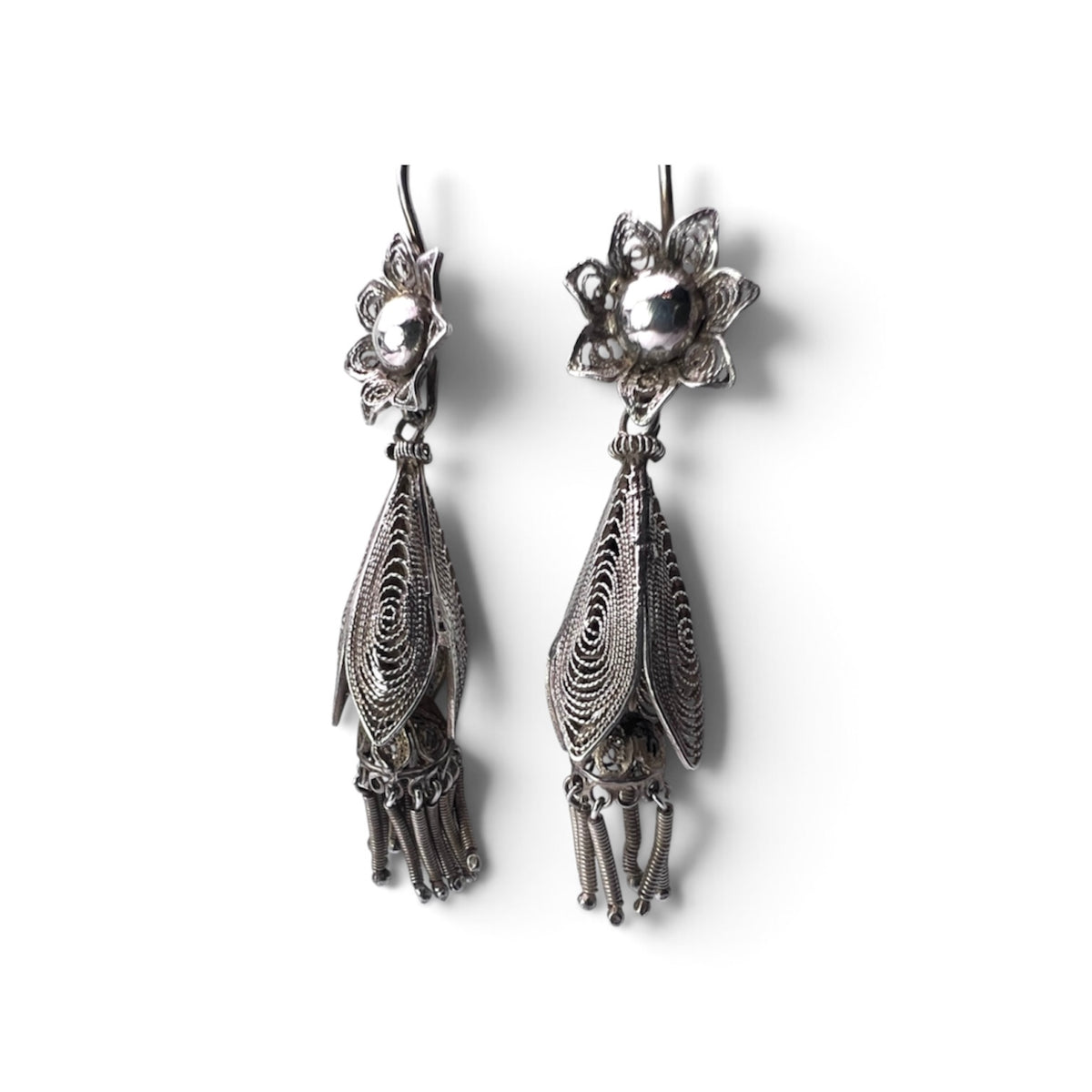 Vintage Silver Filigree Flower Tassel Earrings