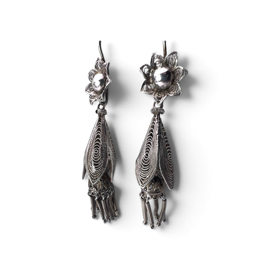 Vintage Silver Filigree Flower Tassel Earrings