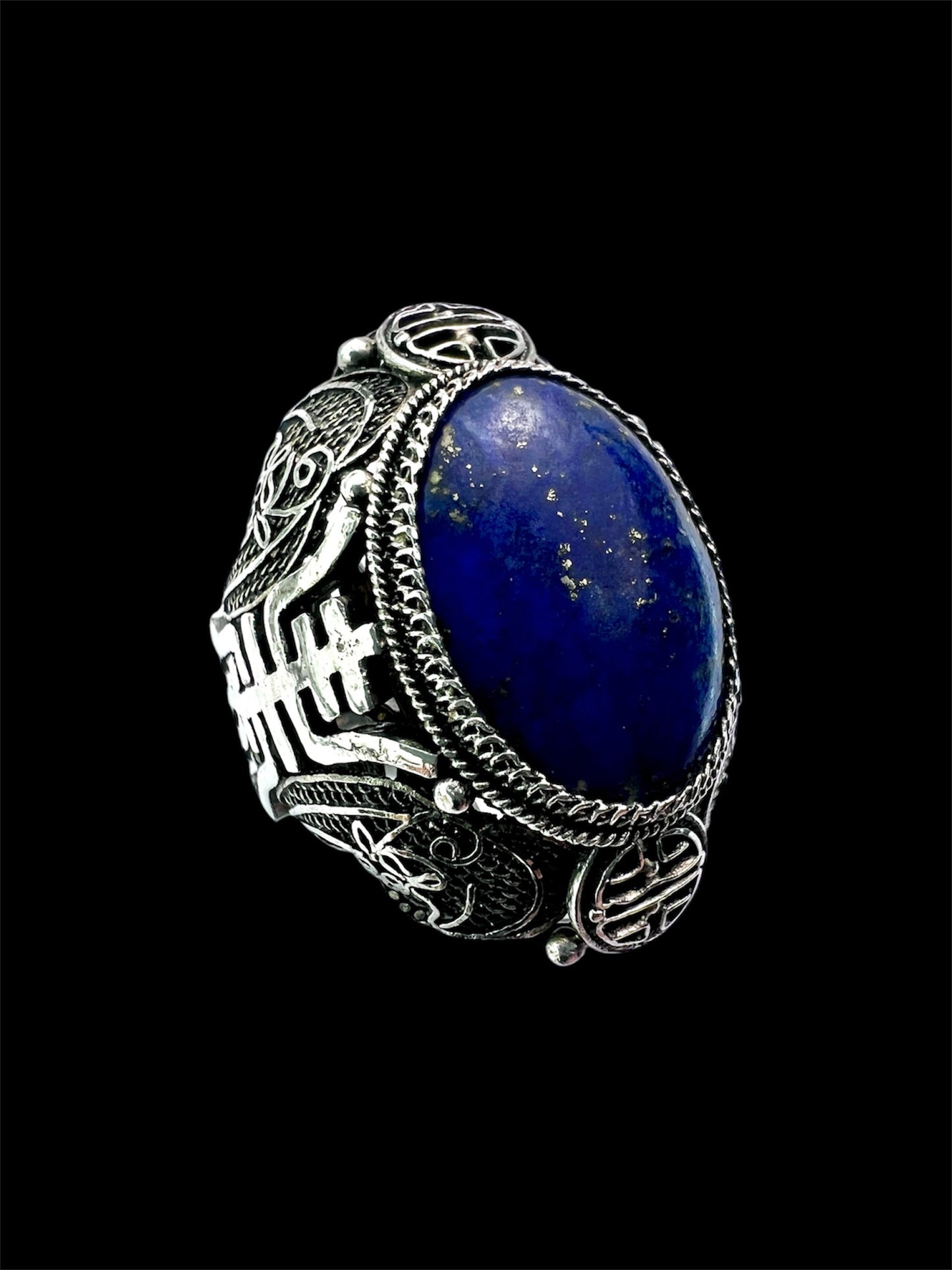 Vintage Chinese Export Lapis Lazuli Silver Filigree Cocktail Ring