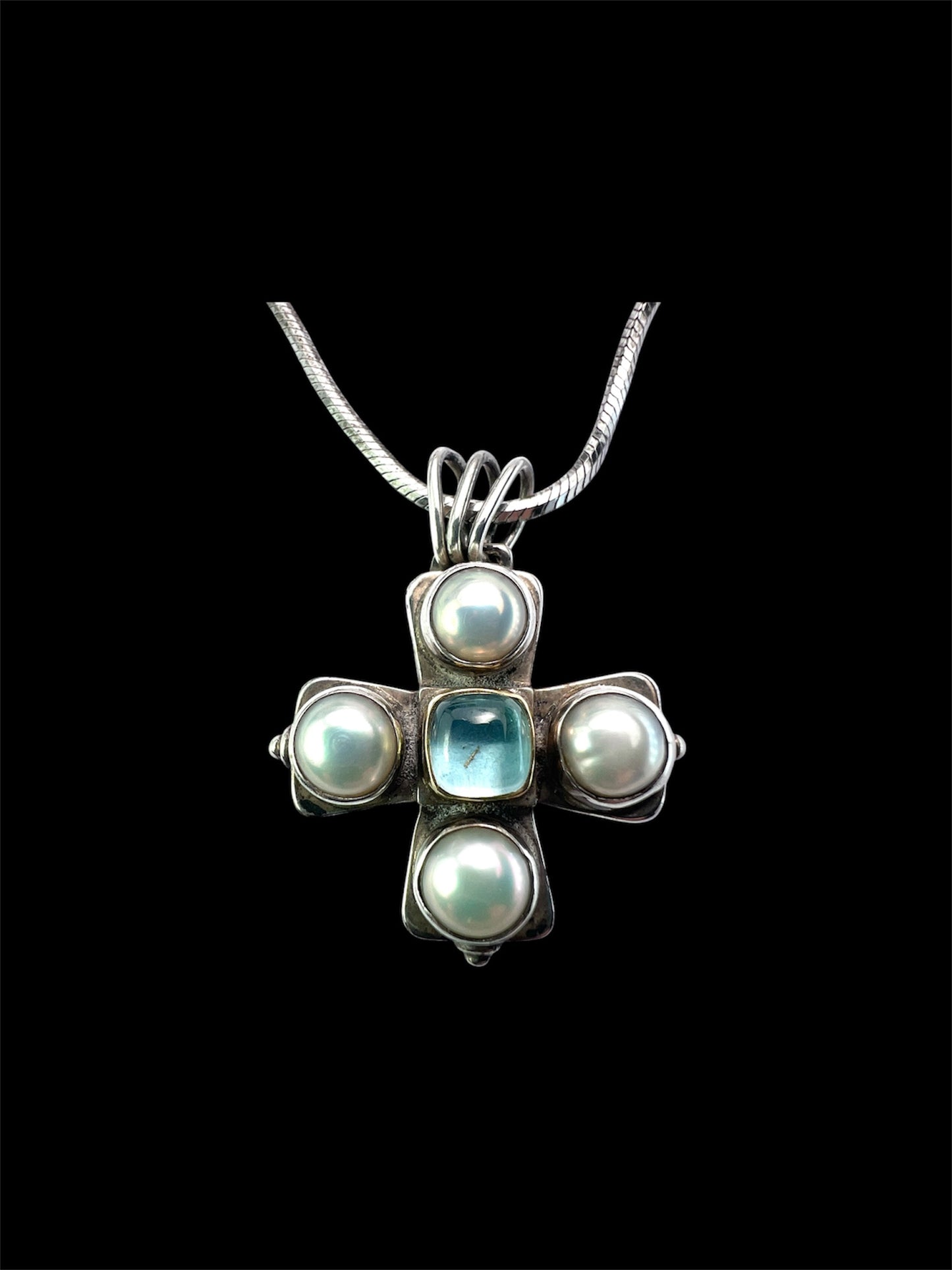 Vintage Silver and Gold Square Gemstone Cross Necklace