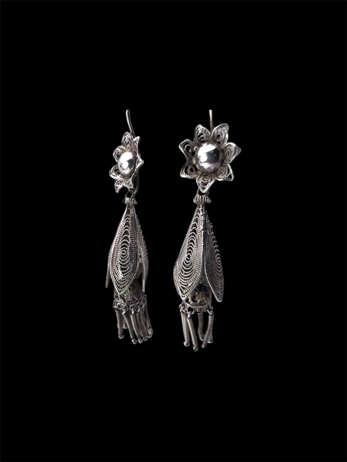 Vintage Silver Filigree Flower Tassel Earrings