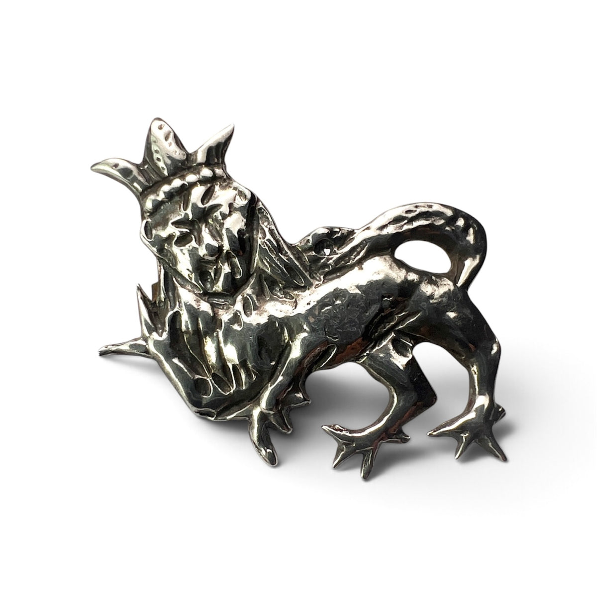 Vintage Crowned Lion Sterling Silver Medieval Style Pilgrimage Brooch Badge