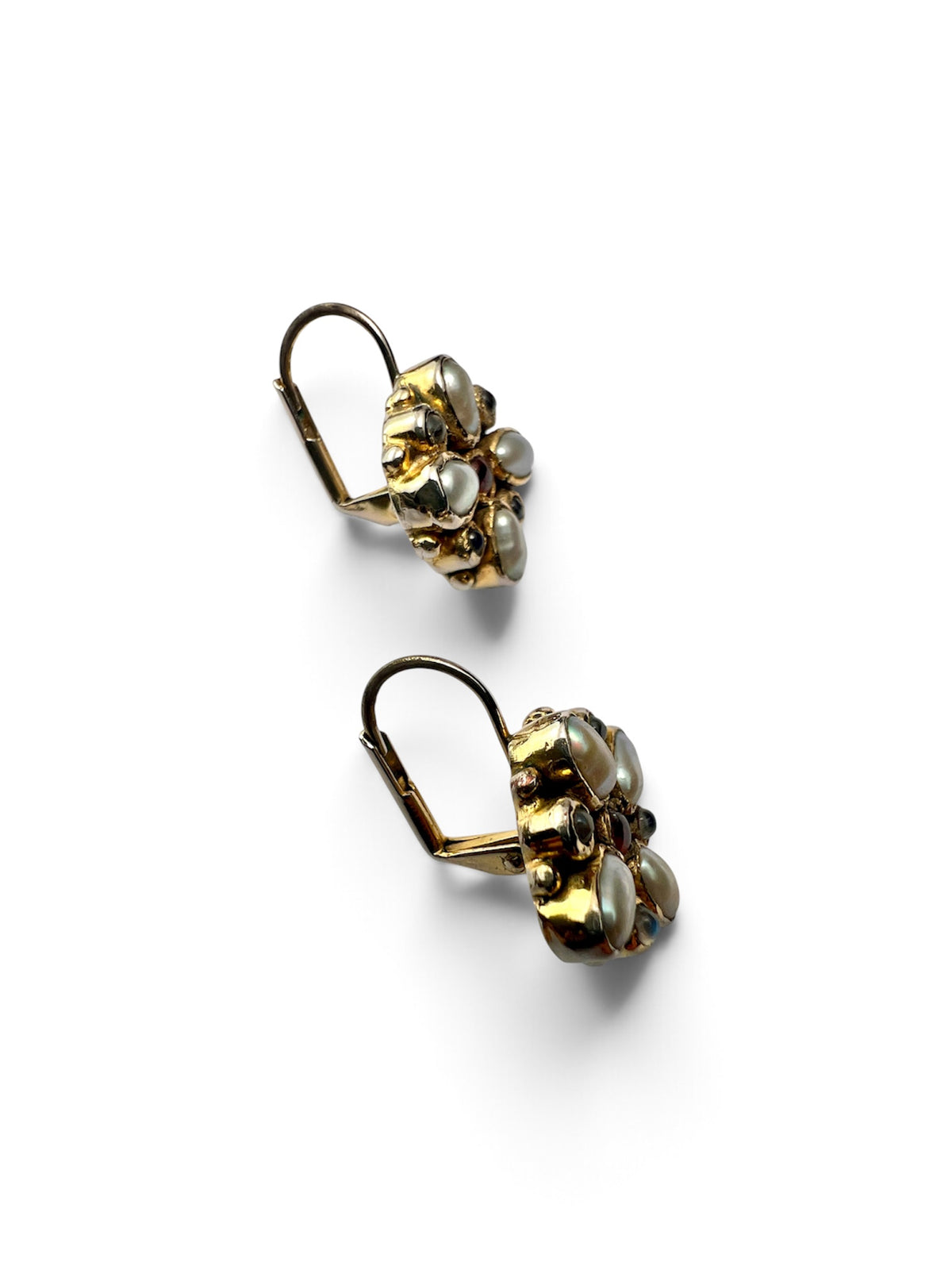Vintage Square Cross Moonstone, Pearl and Garnet Earrings