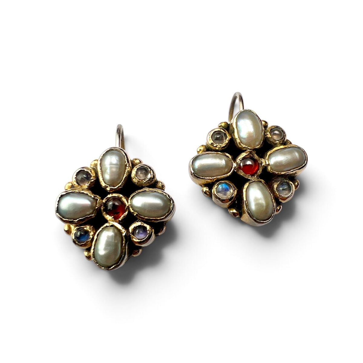 Vintage Square Cross Moonstone, Pearl and Garnet Earrings