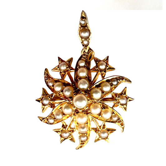 Small Edwardian 18CT Gold Pearl Sunburst Pendant/Brooch