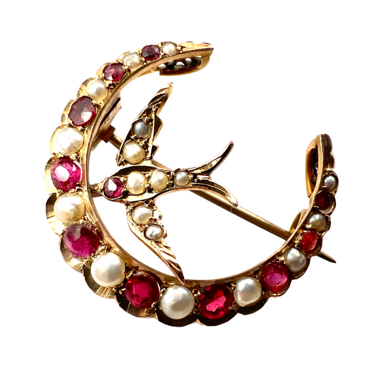 Antique Ruby and Pearl 9CT Gold Swallow and Crescent Brooch